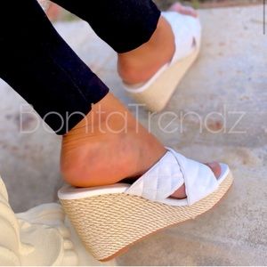 Elegant Faux Leather White Quilted Cross Front Rope Espadrille Wedge Sandals